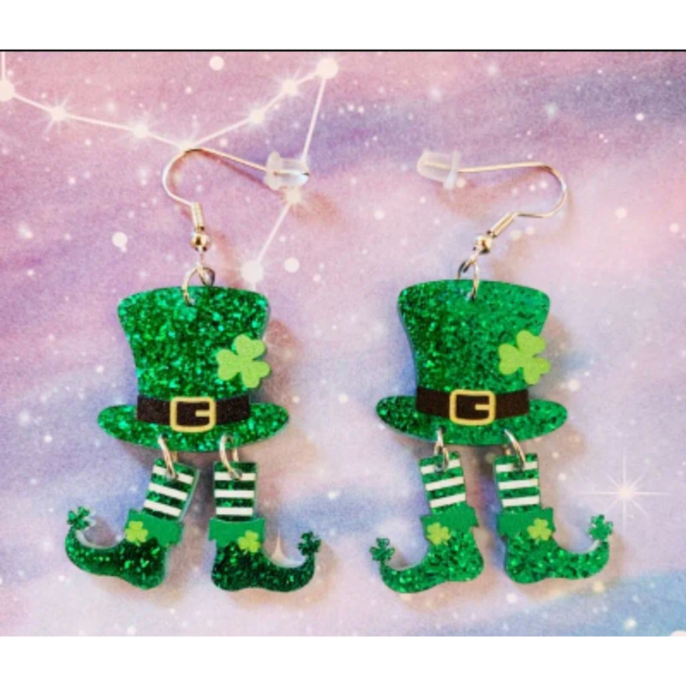 Leprechaun Earrings Green Glitter St. Patrick's Day